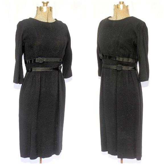 Vintage 50's 60's Black Crepe Cocktail Party Dress Ribbon Rosettes SM by Pavelle - Picture 4 of 10